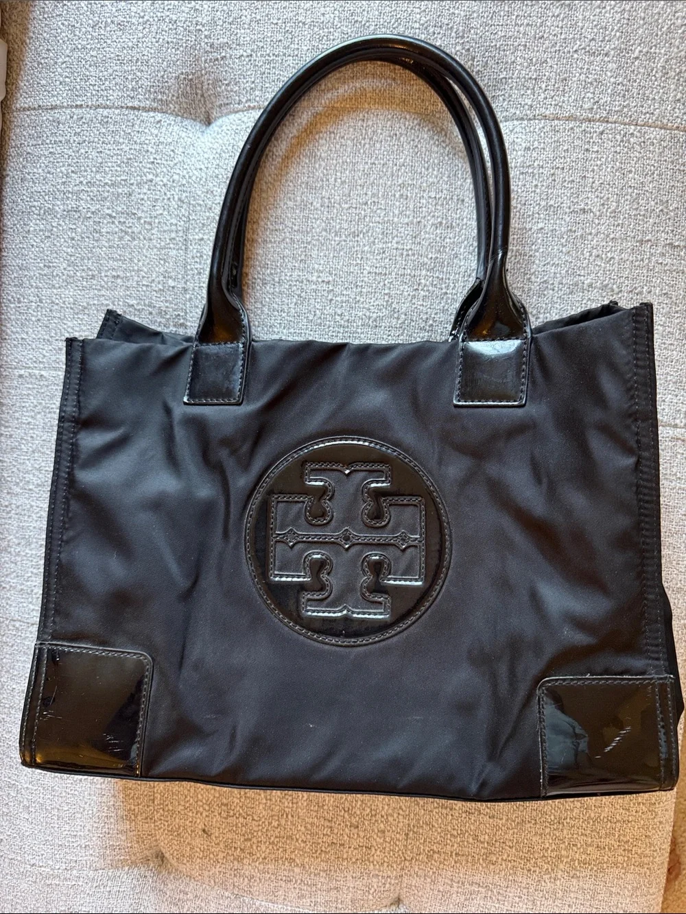 Tory Burch Black Nylon Logo Tote with Patent Trim